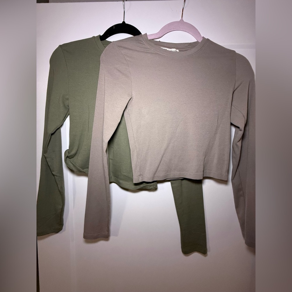 Pull&Bear Long Sleeve Tops - Green and Beige